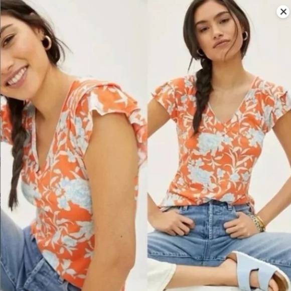 Maeve by Anthropologie Catie Ruffle Sleeve Floral Tee Orange XS 17" PTP - Picture 4 of 4
